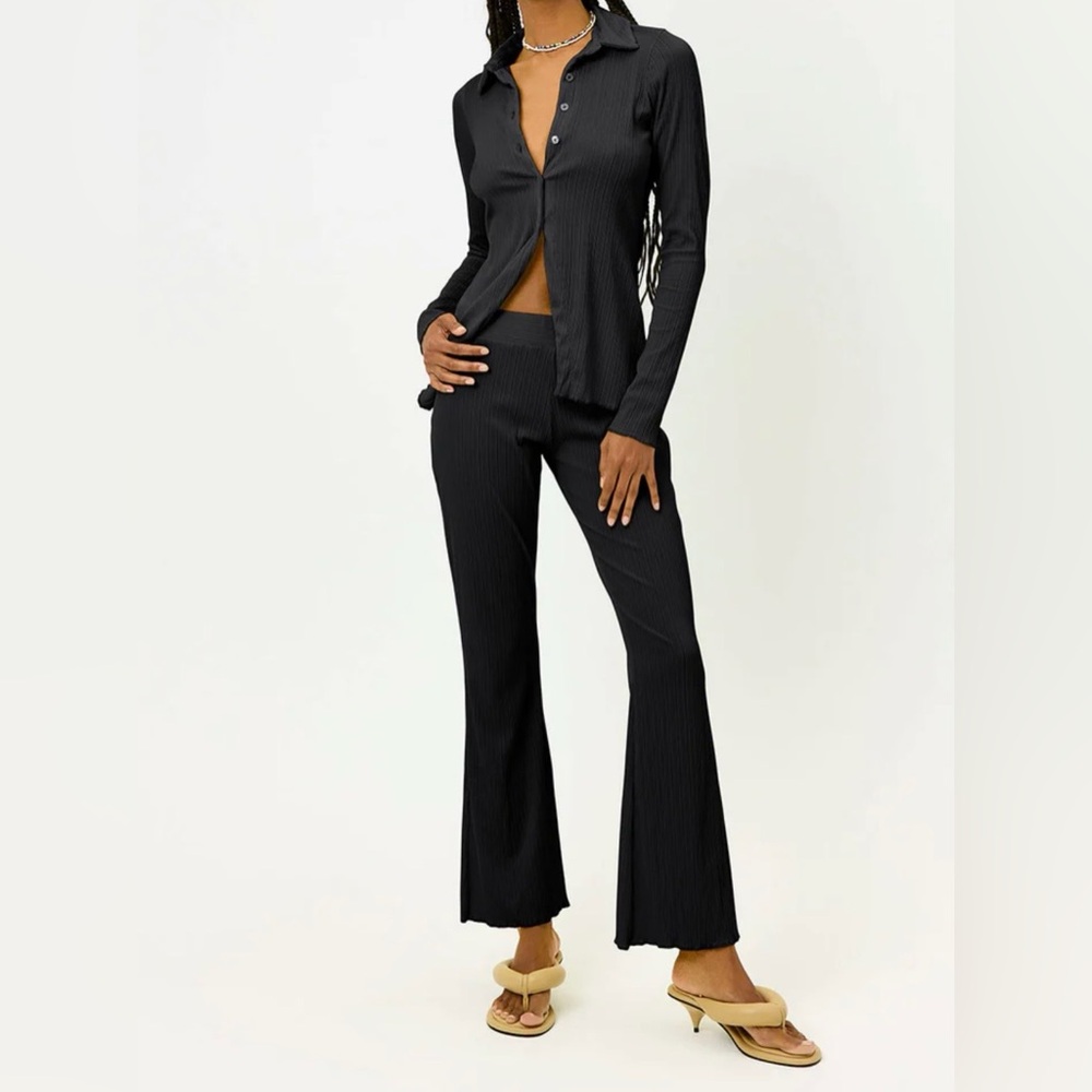 Frankie's Bikinis Joey Plisse Black Ribbed Flare Pants